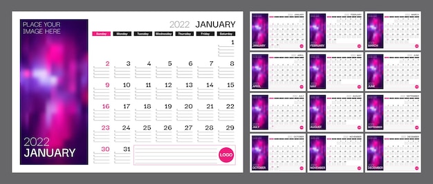 Calendario para 2022 la semana comienza el domingo conjunto de 12 páginas de calendario plantilla con lugar para la foto