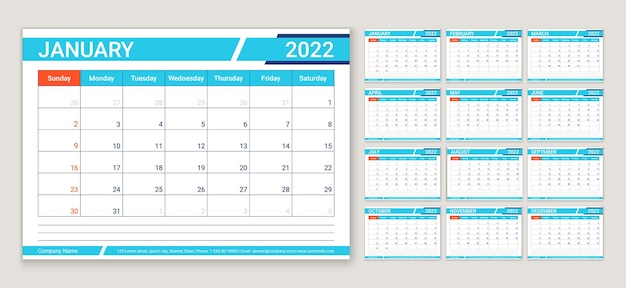 Vector calendario 2022 semana comienza el domingo planificador plantilla diseño de calendario organizador anual con 12 meses