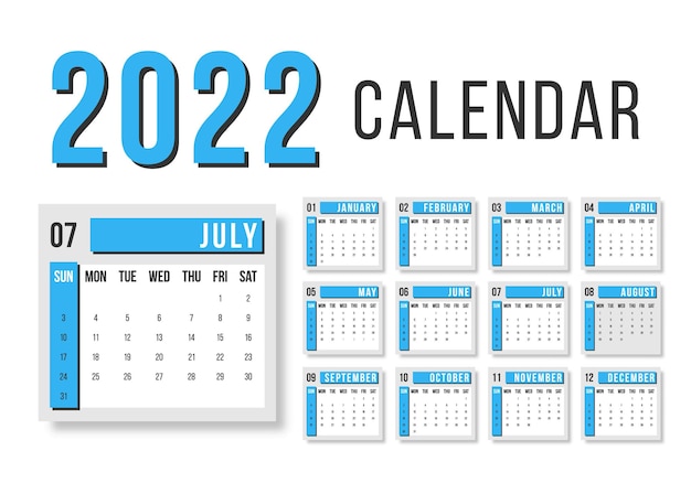 Calendario para 2022 sobre fondo blanco para organización y negocios