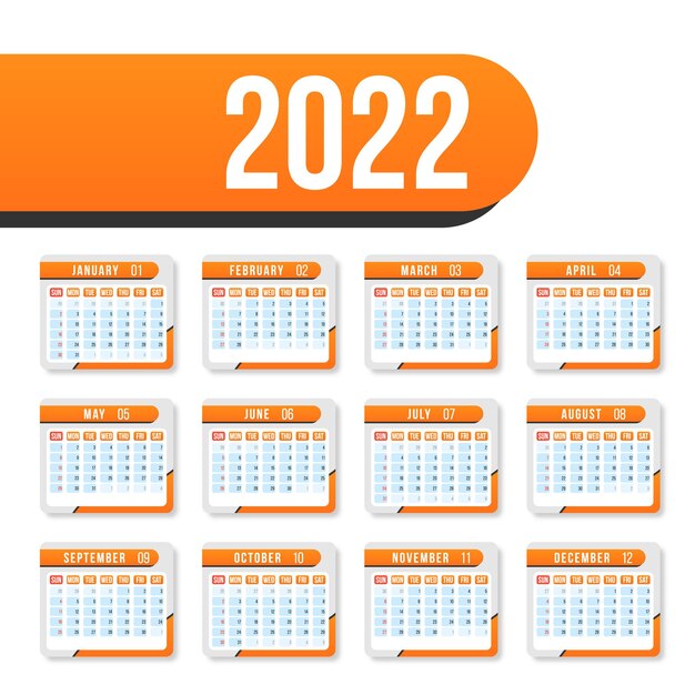 Calendario para 2022 sobre fondo blanco para organización y negocios