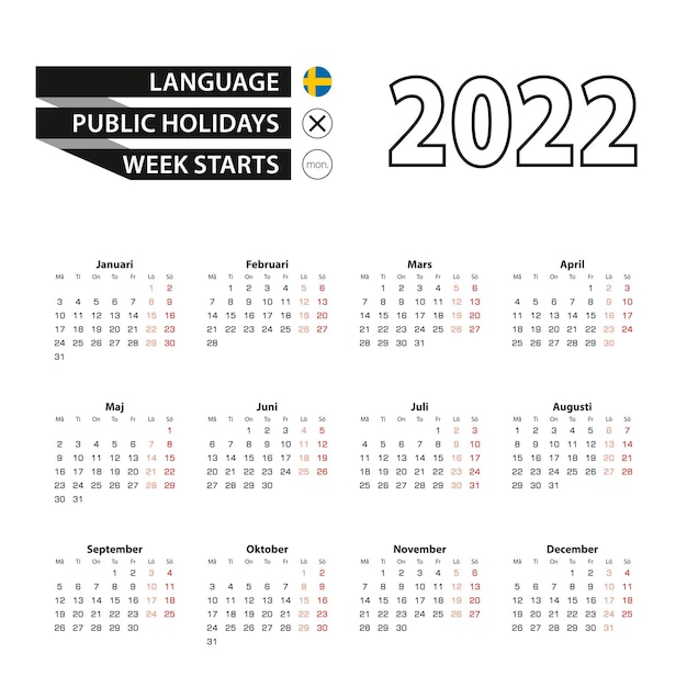 Vector calendario 2022 en sueco, la semana comienza el lunes.