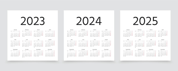 Calendario 2023 2024 2025 años ilustración vectorial plantilla organizador anual