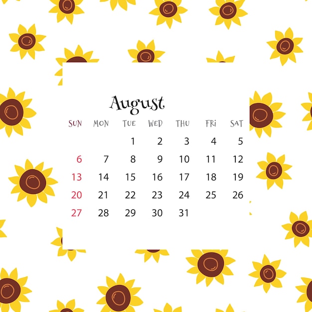 Calendario 2023 para agosto Ilustración vectorial del calendario del mes en patrones sin fisuras con girasoles en estilo plano de dibujos animados Fondo colorido con cuadrícula de mes