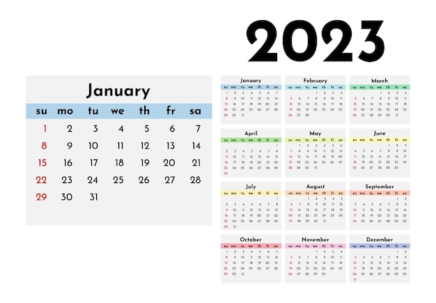 Calendario para 2023 aislado en un fondo blanco