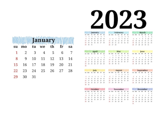 Calendario para 2023 aislado en un fondo blanco