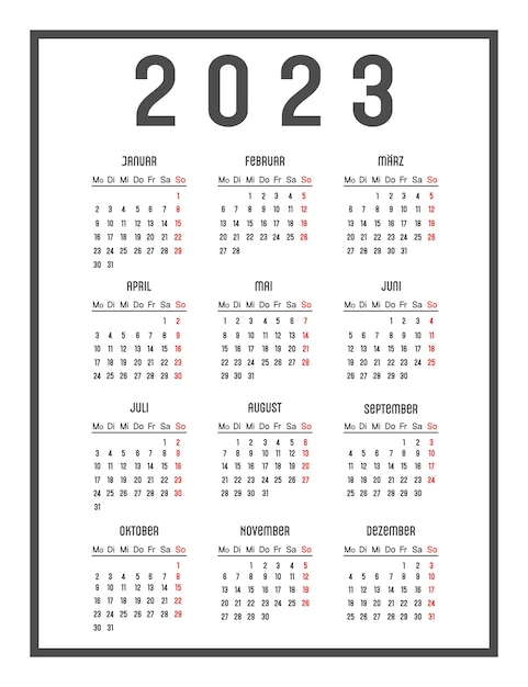 Calendario de 2023 en alemán. Lunes de inicio de semana