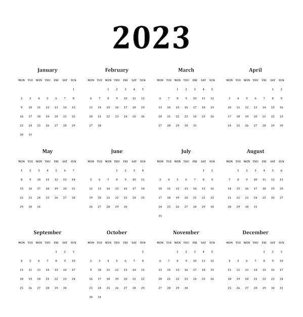 Calendario 2023 año ilustración vectorial plantilla diseño minimalista aislado sobre fondo blanco