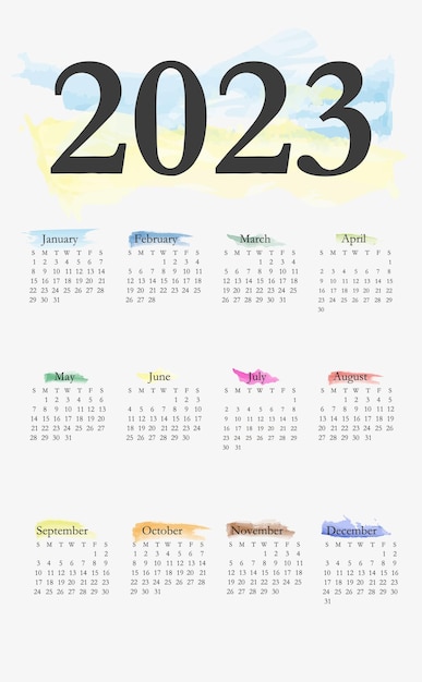 Calendario 2023 para el año con meses, semanas, días, fines de semana y días laborables.