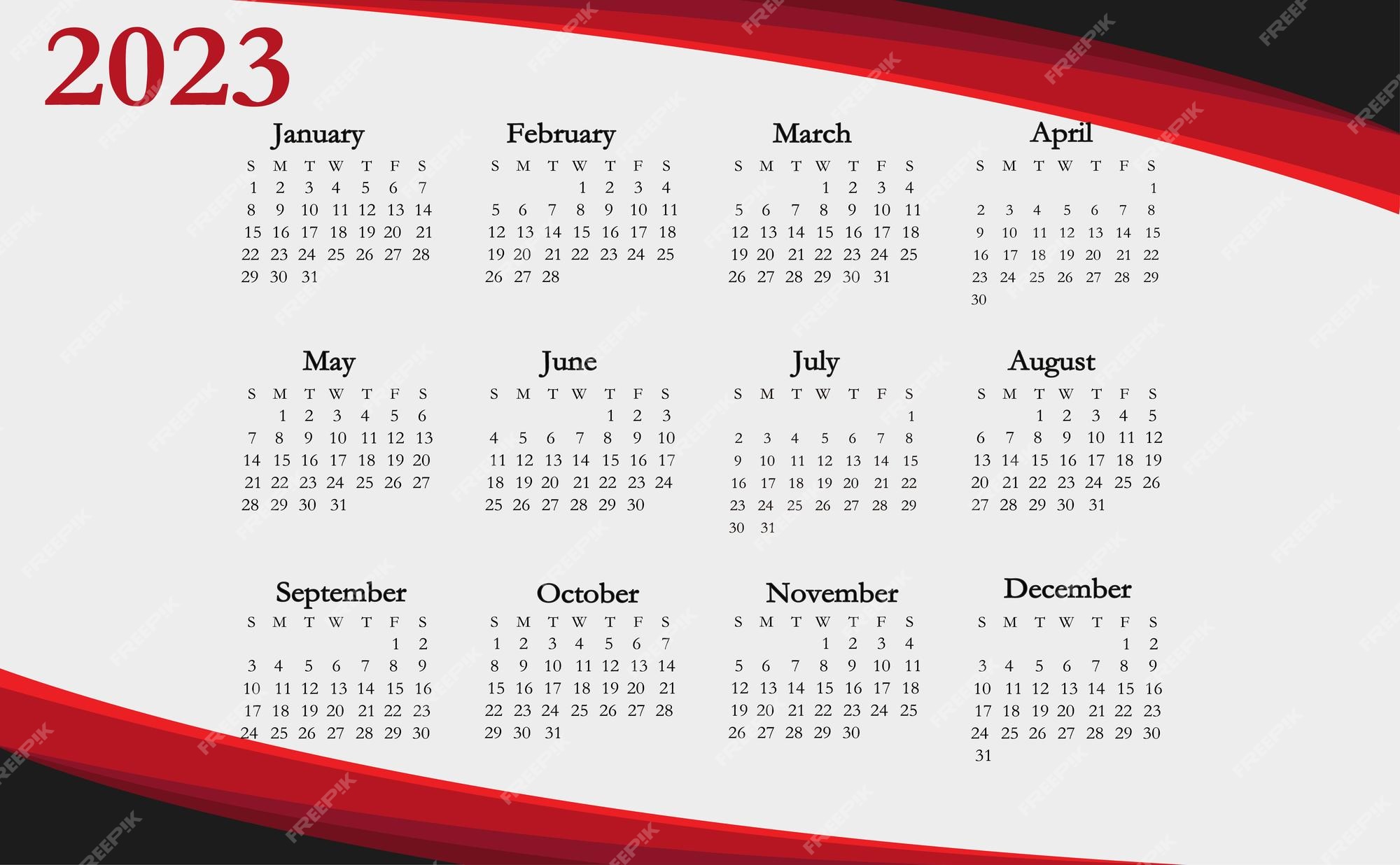 Calendario 2023 para el año con meses, semanas, días, fines de semana y