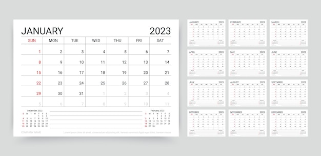 Calendario 2023 año Plantilla de planificador Ilustración vectorial Rejilla de horario de escritorio