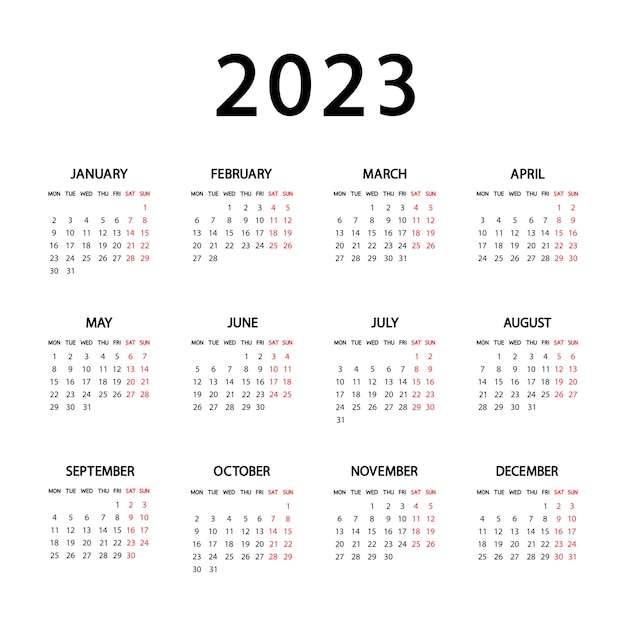 Calendario 2023 año. La semana comienza el lunes. Plantilla de calendario ruso anual 2023