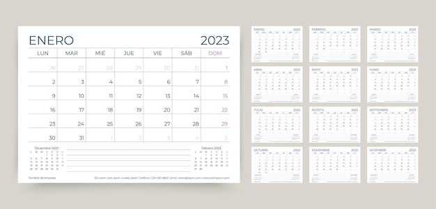 Calendario de 2023 años Plantilla de planificador español Ilustración vectorial Cuadrícula mensual de escritorio