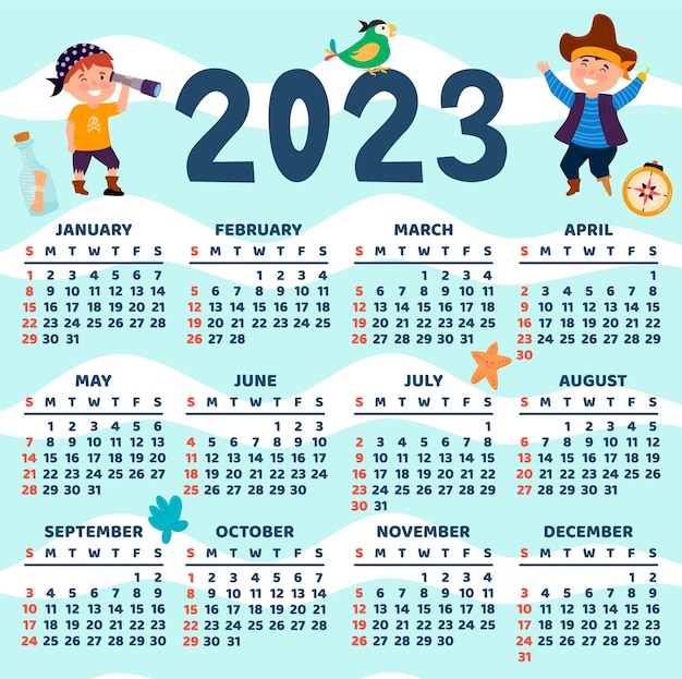 Calendario 2023 calendario infantil de colores con diseño de pirata piratas loro brújula botella