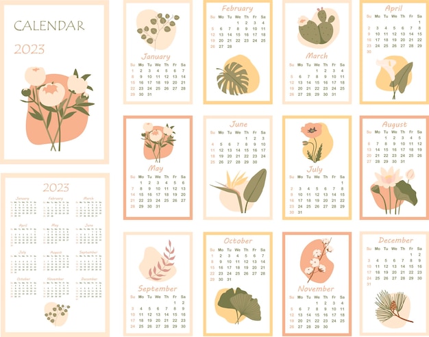 Calendario 2023 calendario mensual minimalista con varias plantas portada y 12 páginas mensuales