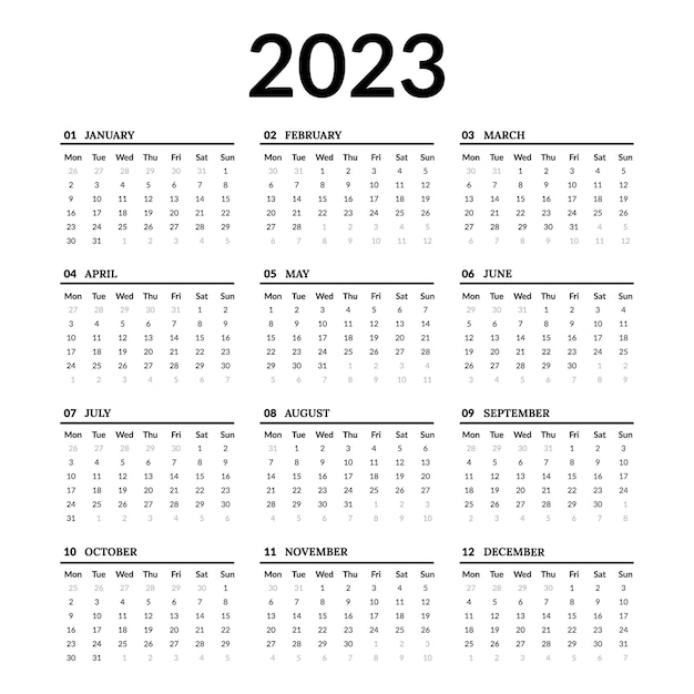 Calendario 2023, calendario para la semana 2023 que comienza el lunes, plantilla de calendario 2023 simple y limpia