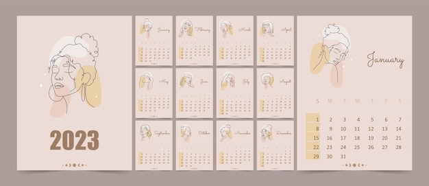 Vector calendario 2023 con caras de mujeres abstractas en un estilo de línea semana que comienza el domingo