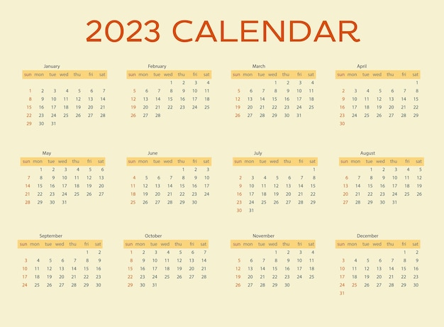 Calendario 2023 con colores naranjas