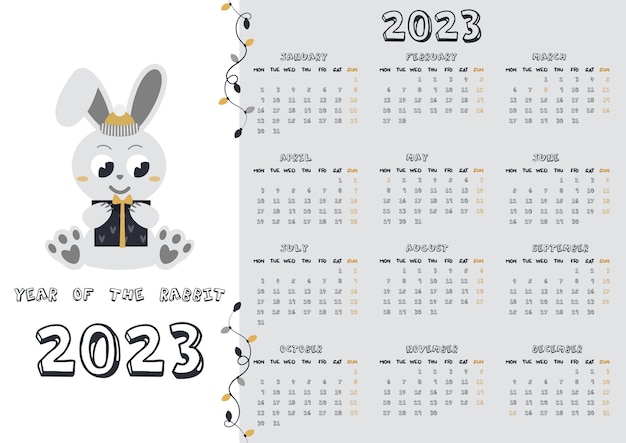 Calendario Para 2023 Año Del Conejo Según El Calendario Chino. Ilustración  Vectorial. Stock de ilustración - Ilustración de chino, mensual: 261521685