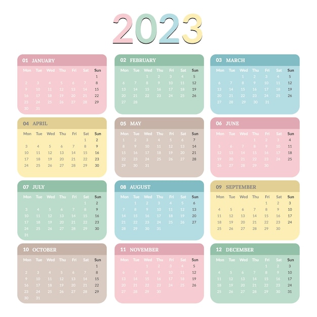 Vector calendario para 2023, diseño de calendario colorido 2023