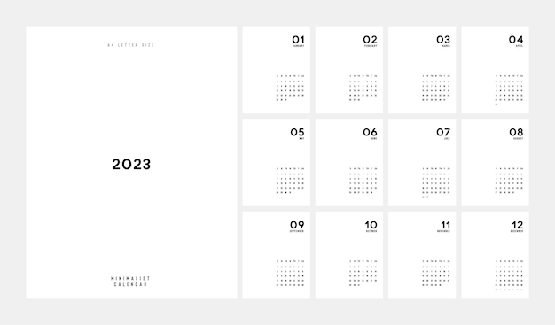 Calendario 2023 Estilo minimalista de moda Conjunto de 12 páginas calendario de escritorio diseño de planificador de calendario mínimo para imprimir ilustración de vector de plantilla