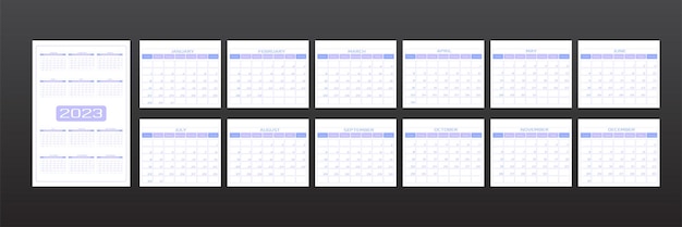 Vector calendario 2023 en estilo urbano minimalista de moda conjunto de plantilla de 12 meses planificador diario lista de tareas pendientes para cada día forma aerodinámica redondeada delicado color púrpura lavanda claro la semana comienza el domingo