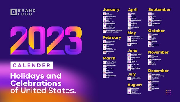 Calendario 2023 con festivos y celebraciones de estados unidos.