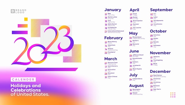 Calendario 2023 con Festivos y Celebraciones de Estados Unidos.