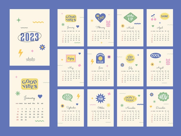 Calendario 2023 con formas retro y pegatinas positivas. Inicio de semana el domingo Conjunto de 12 meses