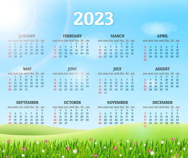 Calendario para 2023 con hierba verde fresca y fondo de flores Ilustración vectorial