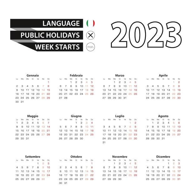 Calendario 2023 en idioma italiano semana comienza el lunes