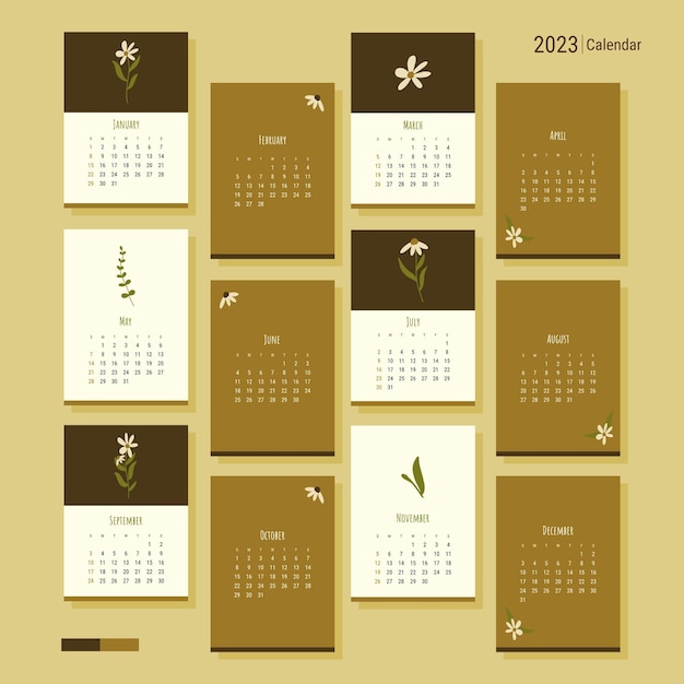 Calendario 2023 con linda flor de margarita y hojas en marrón