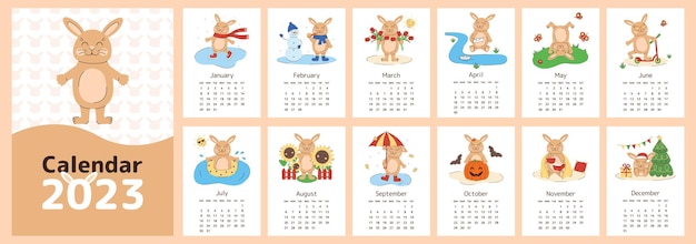 Calendario 2023 con lindo conejo. Símbolo del año. Portada y páginas de 12 meses. plantilla vertical