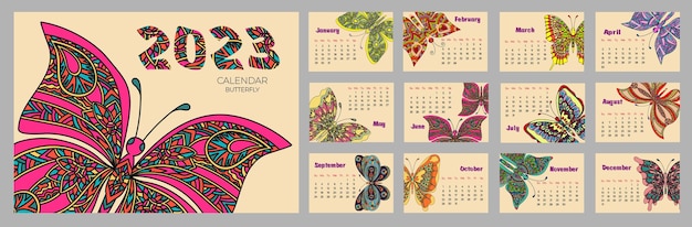 Calendario 2023 con mariposa en estilo zentangle La semana comienza el domingo