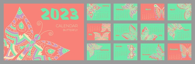 Calendario 2023 con mariposa en estilo zentangle la semana comienza el lunes