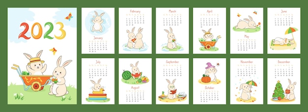 El calendario 2023 con el organizador del planificador de conejos cubre 12 páginas, el personaje del conejo, la mascota, el año, la liebre de dibujos animados.