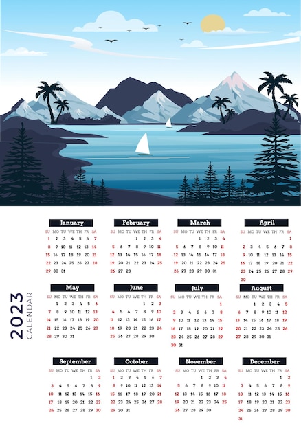 Calendario 2023 con paisaje con montañas y un río que se usa para vertical digital e imprimible.