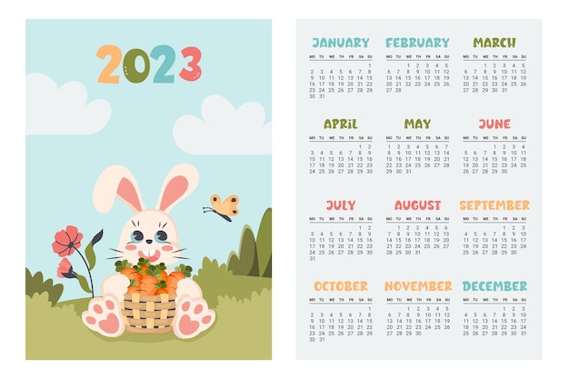 Calendario 2023 planificador vertical con lindo conejito en diferentes estaciones personaje de dibujos animados conejo como símbolo del año nuevo la semana comienza el lunes vector ilustración plana