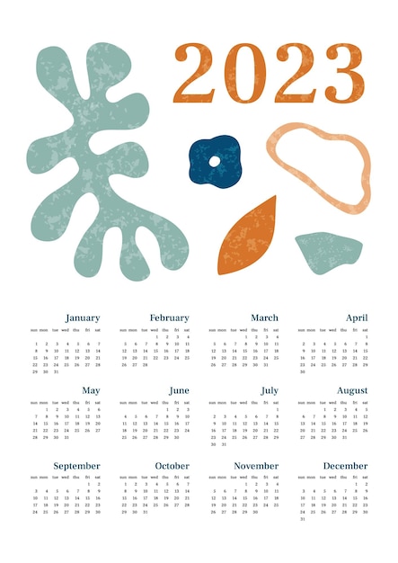 Calendario 2023 retro abstracto con textura Vertical una hoja con todos los meses La semana comienza el domingo A4 A3 A2 A5 Ilustración vectorial en estilo moderno en colores pastel Diseño minimalista