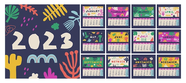 Calendario para 2023 la semana comienza el lunes 12 meses lindo calendario vectorial multicolor con dibujos de flora