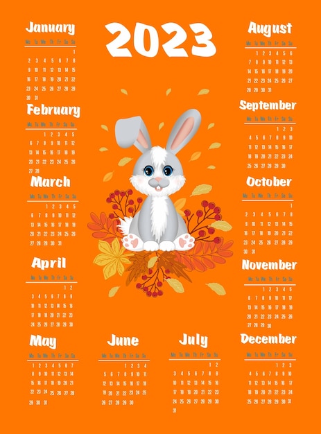 Calendario 2023 con el símbolo del año liebre conejo Pequeño liebre lindo en estilo de dibujos animados La semana comienza el lunes