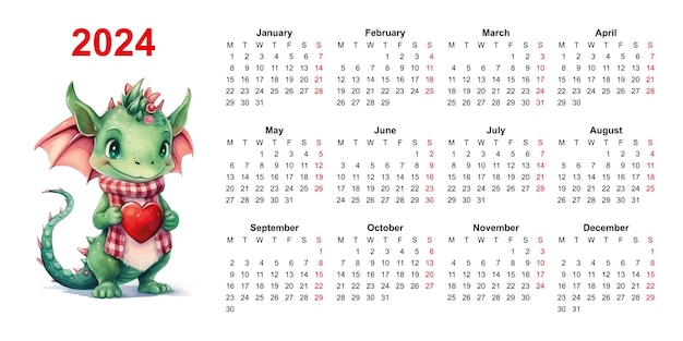 Calendario 2024 acuarela del dragón plantilla china