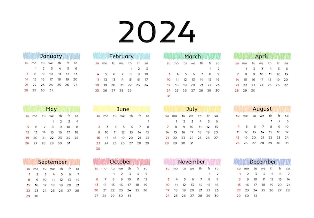 Calendario para 2024 aislado en un fondo blanco Plantilla de negocio de domingo a lunes Ilustración vectorial