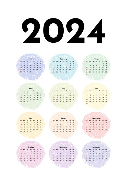 Calendario para 2024 aislado en un fondo blanco Plantilla de negocio de domingo a lunes Ilustración vectorial