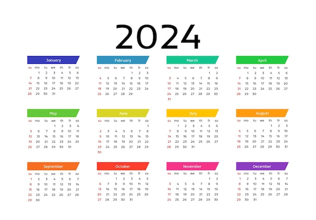 Calendario para 2024 aislado en un fondo blanco Plantilla de negocio de domingo a lunes Ilustración vectorial
