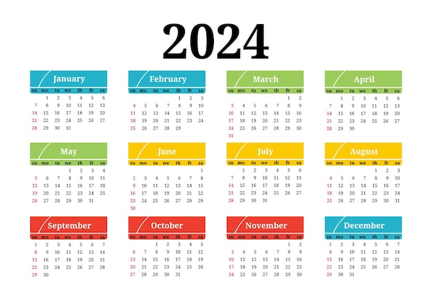 Calendario para 2024 aislado en un fondo blanco Plantilla de negocio de domingo a lunes Ilustración vectorial