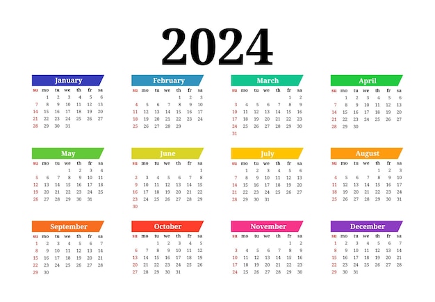 Calendario para 2024 aislado en un fondo blanco Plantilla de negocio de domingo a lunes