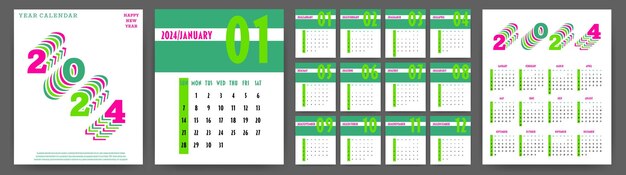 Calendario 2024 año la semana comienza en domingo diseño para organizador de papelería de impresión de planificador