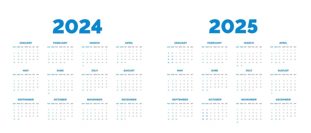 Calendario 2024 y Calendario 2025 ilustración vectorial la semana comienza el domingo Diseño de planificador simple