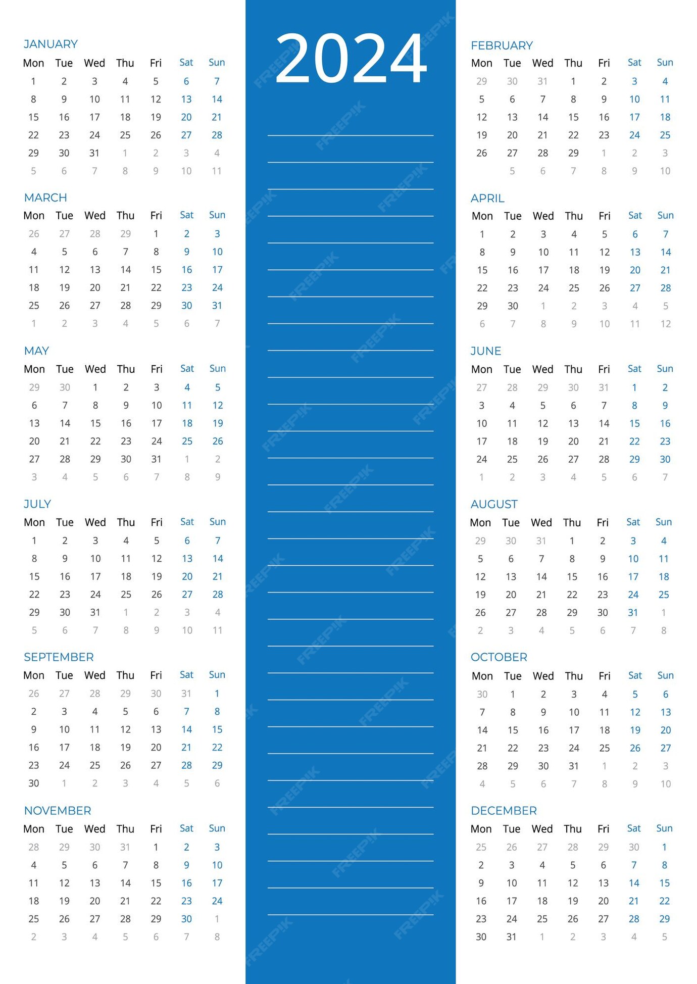Calendario para 2024 calendario azul vertical semana 2024 que comienza