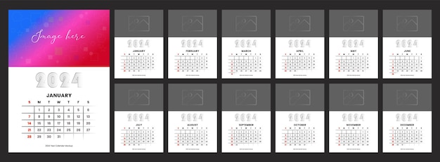 Calendario 2024 calendario de pared vertical mensual 2024 conjunto de 12 meses de vector listo para imprimir fácilmente editable